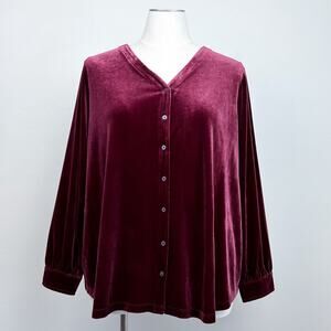 Lands' End Burgundy V-Neck Button-Up Velvet Blouse